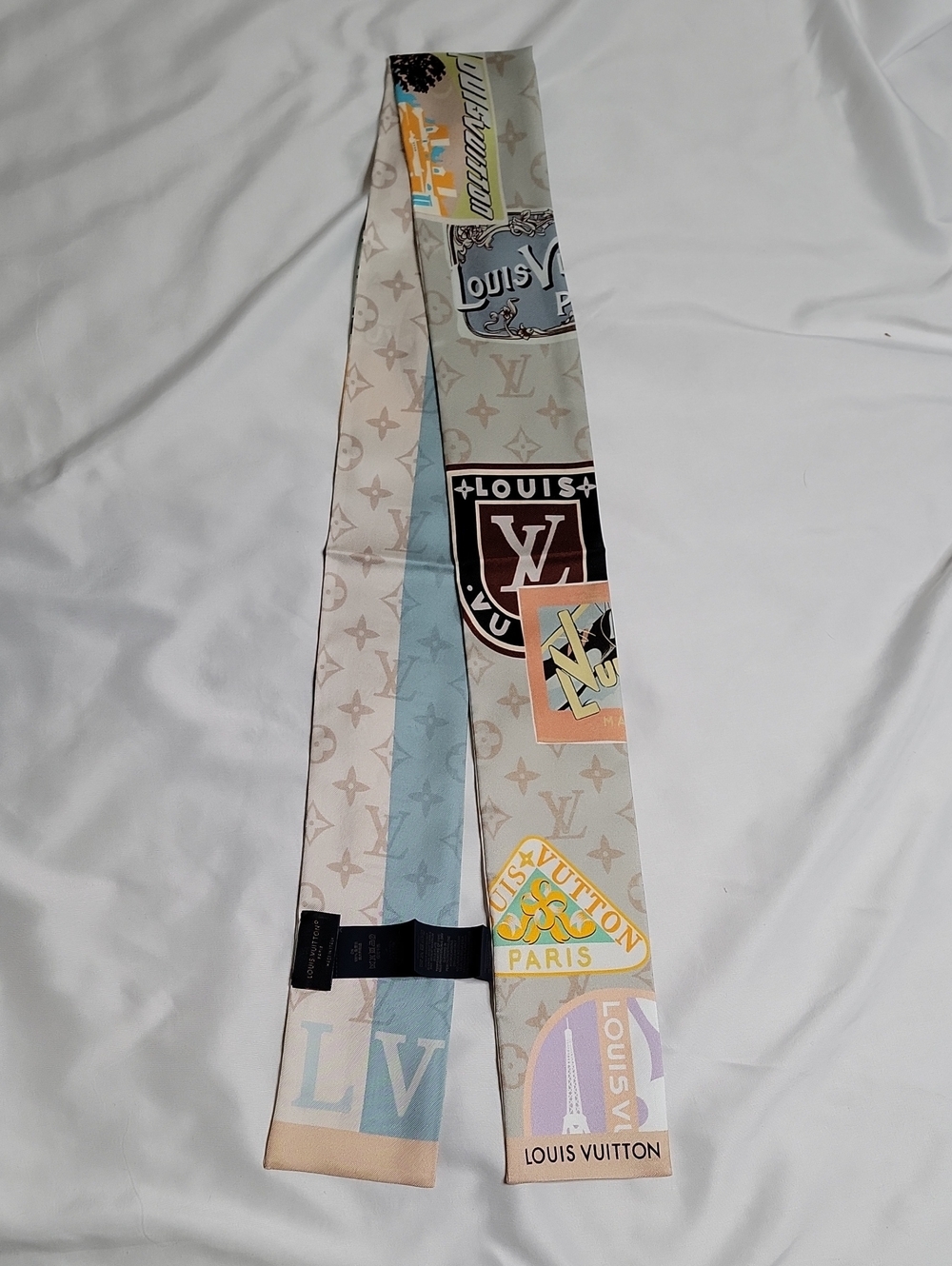Louis Vuitton Beige, Light Blue & Pastel Logo Twilly Scarf